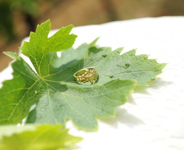 fedi nuziali particolari: anello in oro giallo tema vino a forma di grappolo d'uva