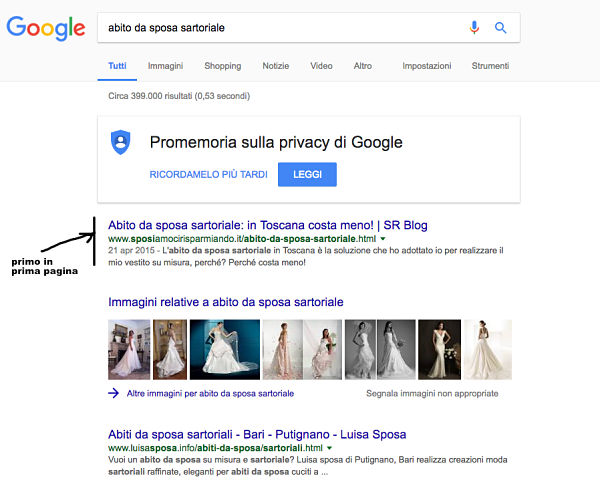ottimizzazione seo geolocalizzata di una consulente di abiti da sposa